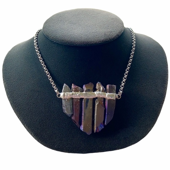 Dark purple aura crystal steel necklace boho gems - Picture 2 of 10